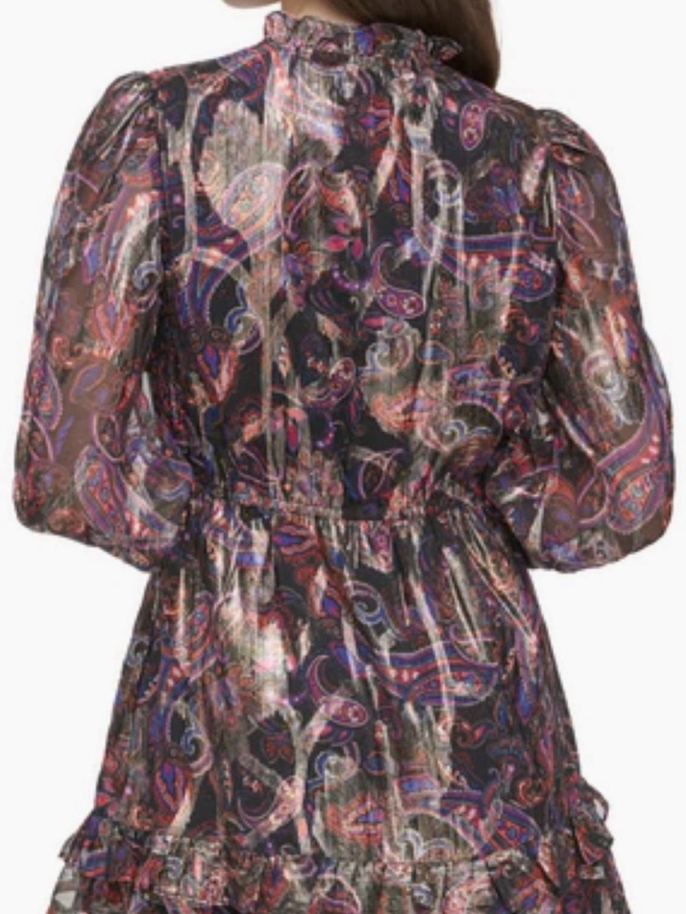 Vince Camuto Black Multicolor Metallic Paisley Tiered Long-Sleeve Dress - Picture 3 of 8